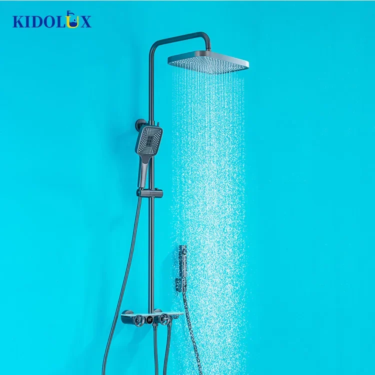 Hot Cold Wall Mounted Bathroom Led Rainfall Contemporary  High Pressure Water 4 In 1 Led Knob Handle Shower Set Italy Gun Grey