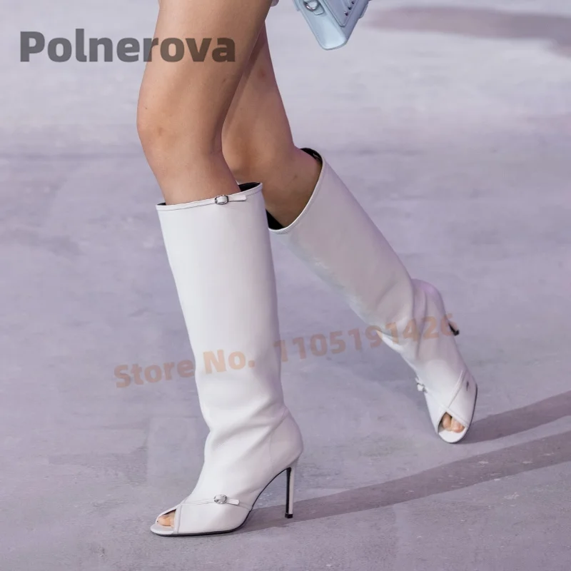 

Metal Buckle Knee High Boots Women Peep Toe Stiletto Heels Slip On Solid Leather Summer Boots Fashion Designer Party Shoes