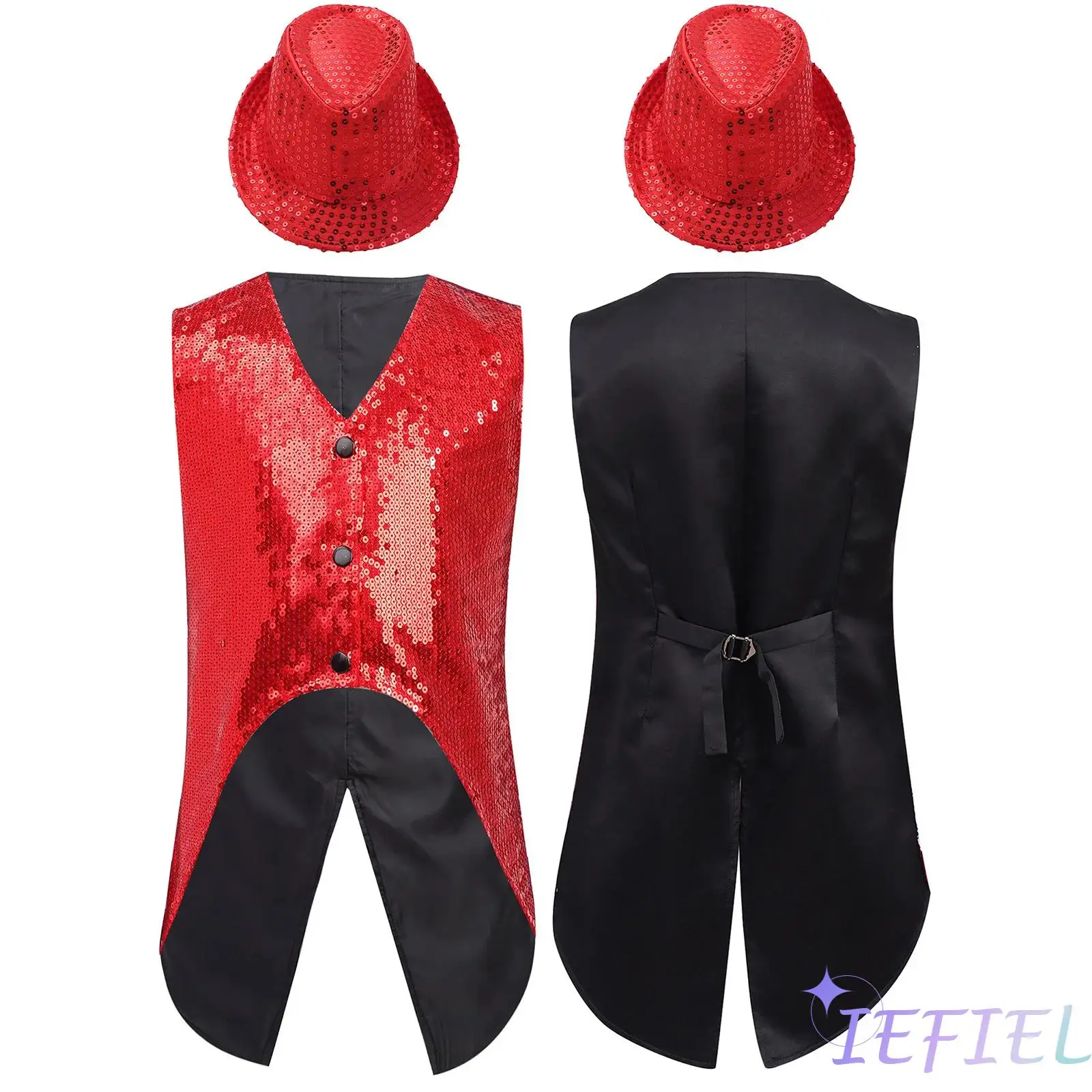 

Boys Jazz Dance Outifit Sleeveless Asymmetrical Hem Sparkly Sequin Vest with Hat for Jazz Dance Birthday Party Stage Performance