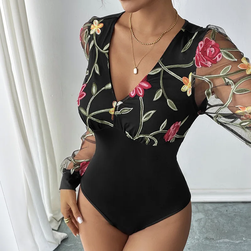 2025 Autumn New Sexy Romantic Retro Style Lace Long-sleeved Embroidered V-neck Jumpsuit