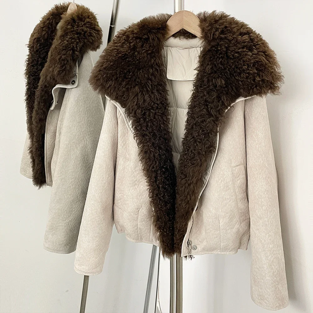 OFTBUY Winter Dicker Kurzer Puffermantel Modische Reißverschluss-Daunenjacke mit Echtem Fell Damen Echter Lammfellkragen Entendaunen-Bekleidung – Detail 14