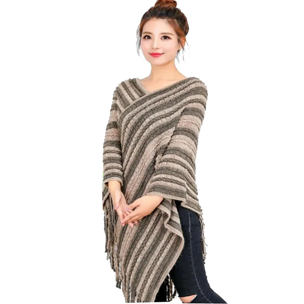 

Knitted Cape Color Matching Spring Autumn Tassel Pullover Shawl Woman Poncho Leisure Fashion Air Conditioning Room Warmth Khaki