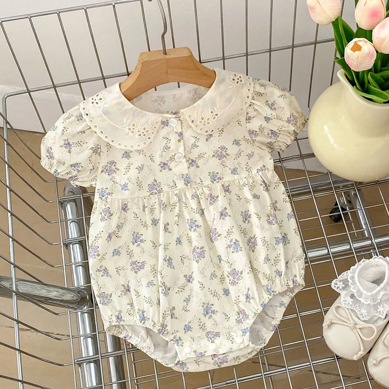 2024 New Summer 0-24M Children Clothes Infant Baby Girls Bodysuits Short Sleeved Cotton Print Toddler Baby Girls Jumpsuit