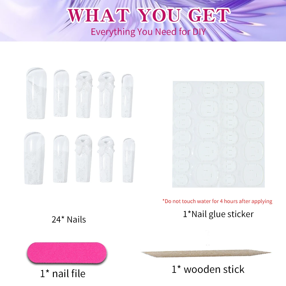 24個の長方形3D樹脂製ボウレース柄付け爪セット、1個のジェリージェルと1個のネイルファイルが含まれ、理想的なネイルアートデコレーション
