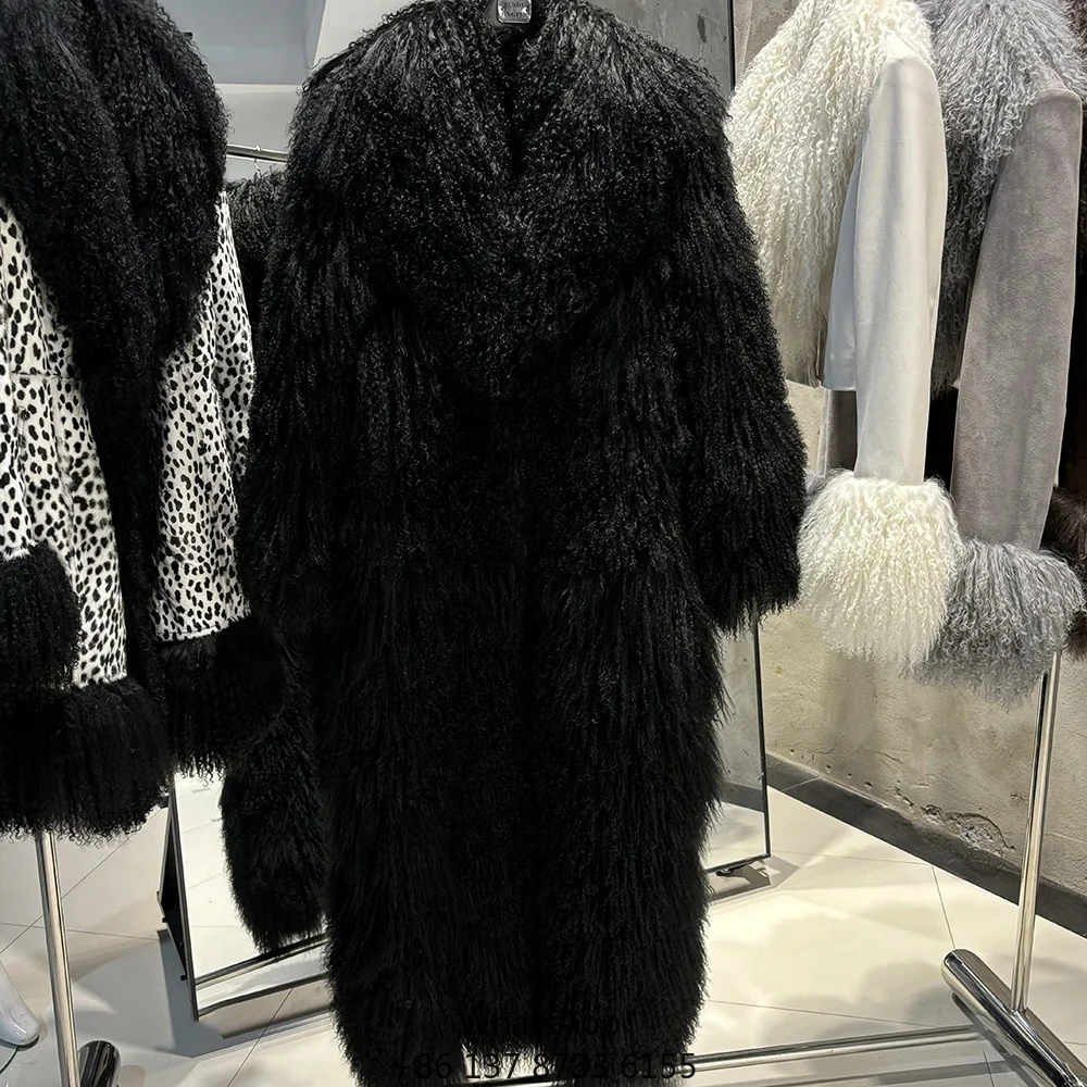 

2025 Fashion Fur Coats Women's Real Mongolian Fur Coat Women Sheep Fur Black Coat Long