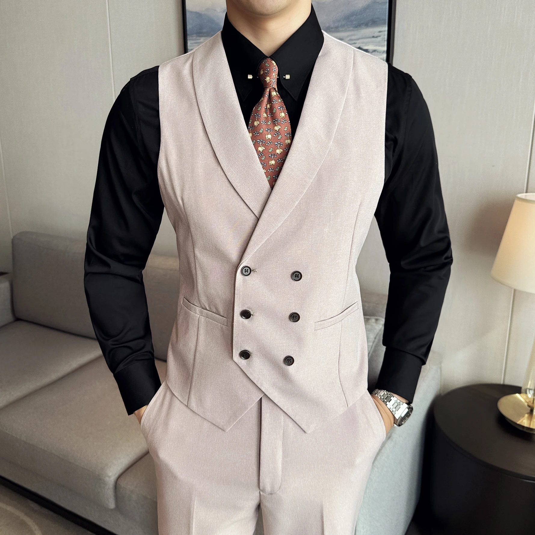 Italian Double-breasted V-neck Small Vest (suit + Vest + Trousers) Business Fashion Design Sense of Handsome Three-piece Dress