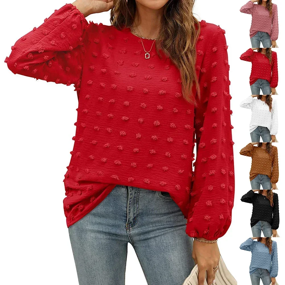 Women Chiffon Blouses Long Sleeve Crewneck Top Dressy Casual Loose Pompom Shirts