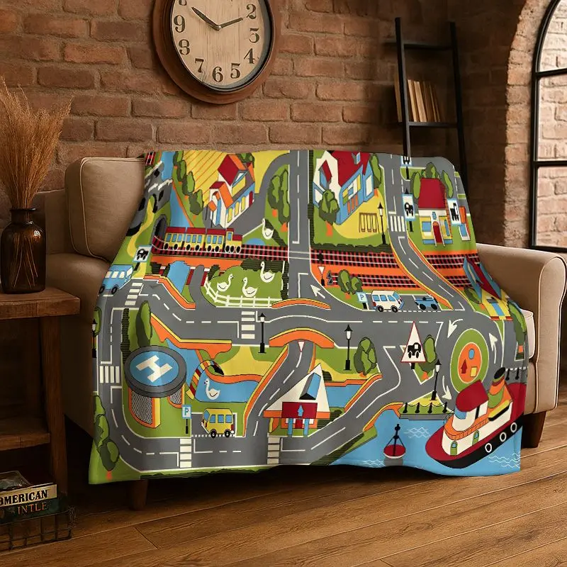 City Traffic Road Highway Runway Map Playmat Playroom Flannel Blanket Soft Throw Blanket for Bedroom Living Room Bed Picnic Nap