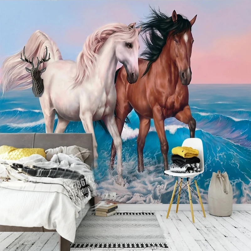 3D European Sea Running Horse Oil Painting Wallpaper Living Room TV Sofa Backdrop Wall Mural Classic 3D Moisture-Proof 3D Fresco