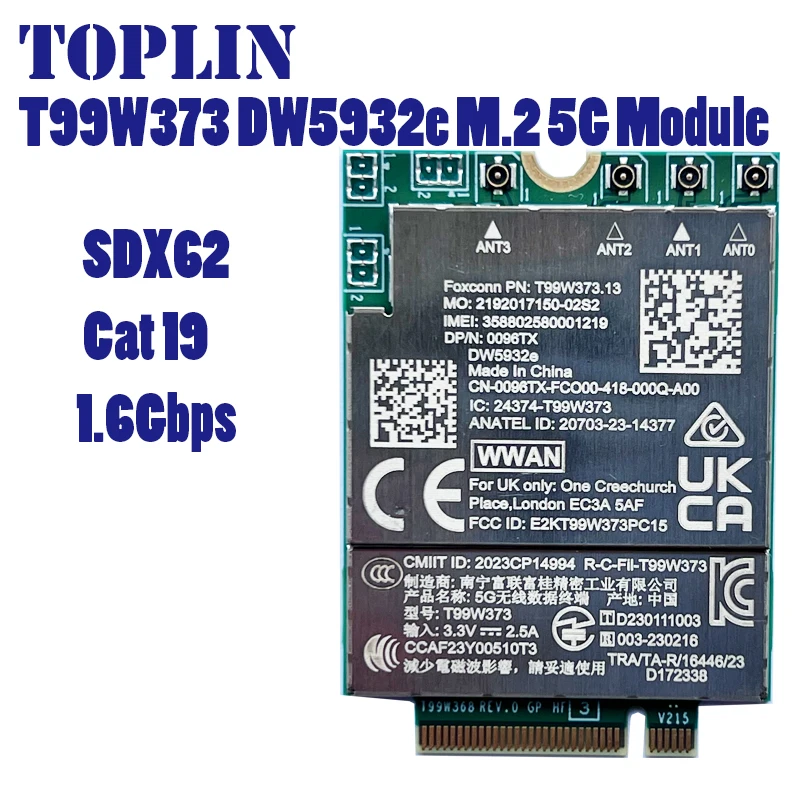 New DW5932e DW5932e-eSIM T99W373 SDX62 Global 5G Modem LTE Cat19 M2 Wireless WWAN For Latitude 7350 7450 7650 9450
