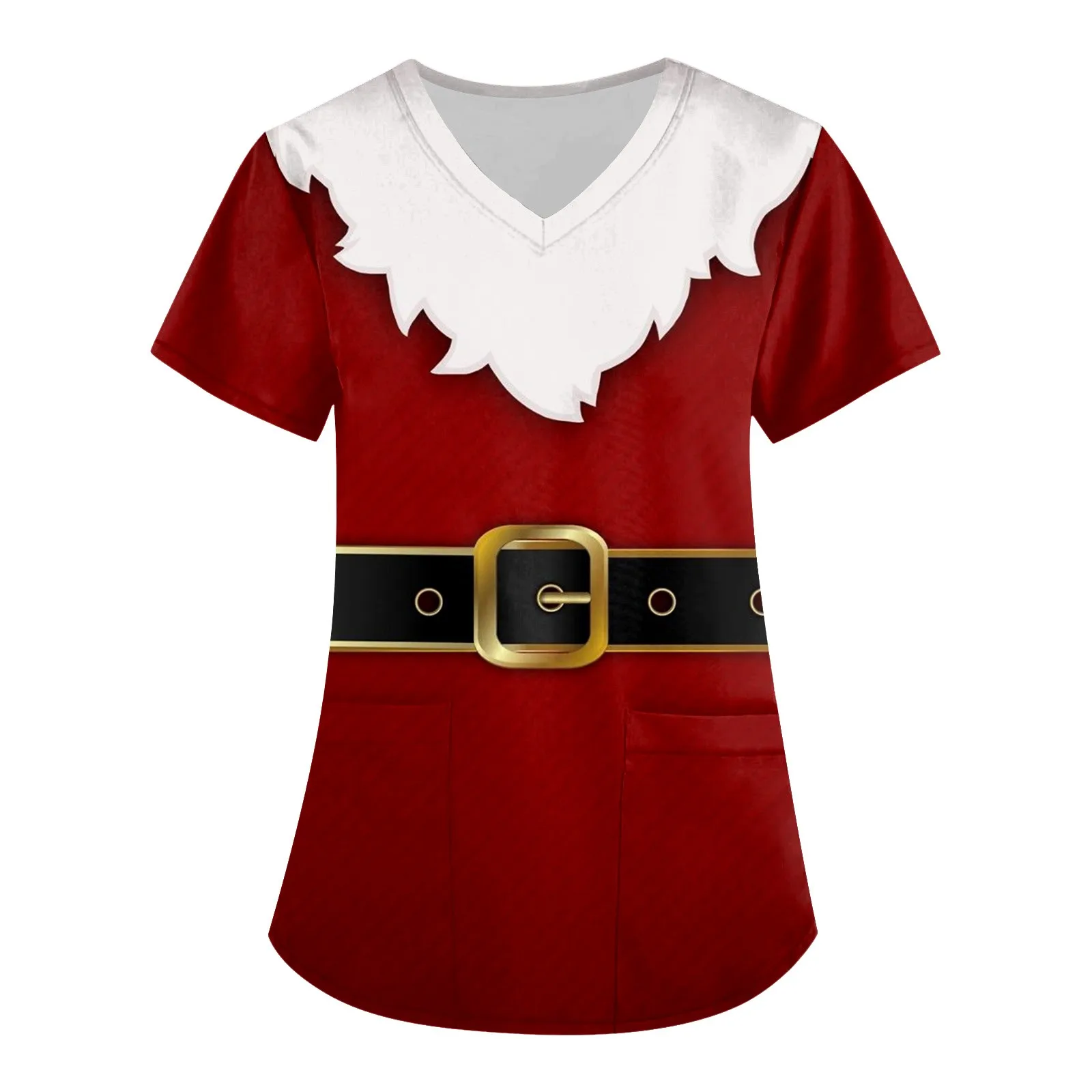 Nursing Scrubs T-shirt Scrubs Uniforms Women Clothing Plus Size Tops Christmas V-neck Pocket Short Sleeve Santa Claus Tops Xmas