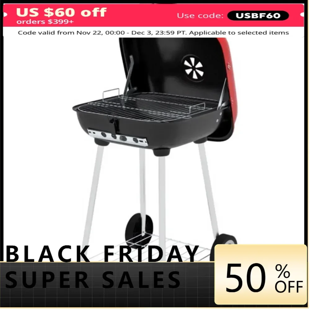 Portable Charcoal Grill /BBQ Grill with two back wheels for easy transport -Enamel-coated steel offers excellent heat resistance