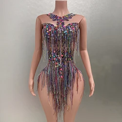 Colorful Tassels Sequins Sexy Sleeveless Sheath Bodysuit Evening Party Nightclub Dancer Perfprmance Costume Stage Wear