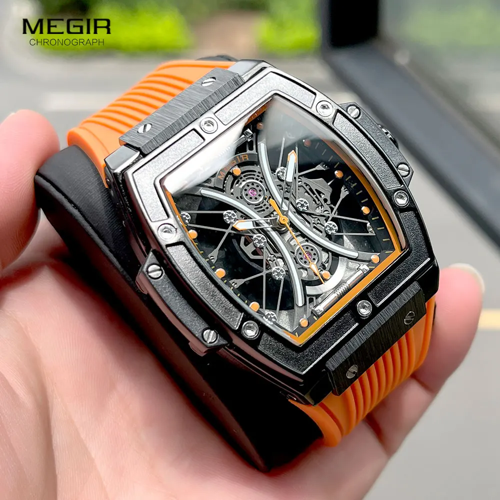 MEGIR Fashion Analog Quartz Watch Men Tonneau Dial Waterproof Military Sport Wristwatch with Luminous Hands Orange Silicone Band