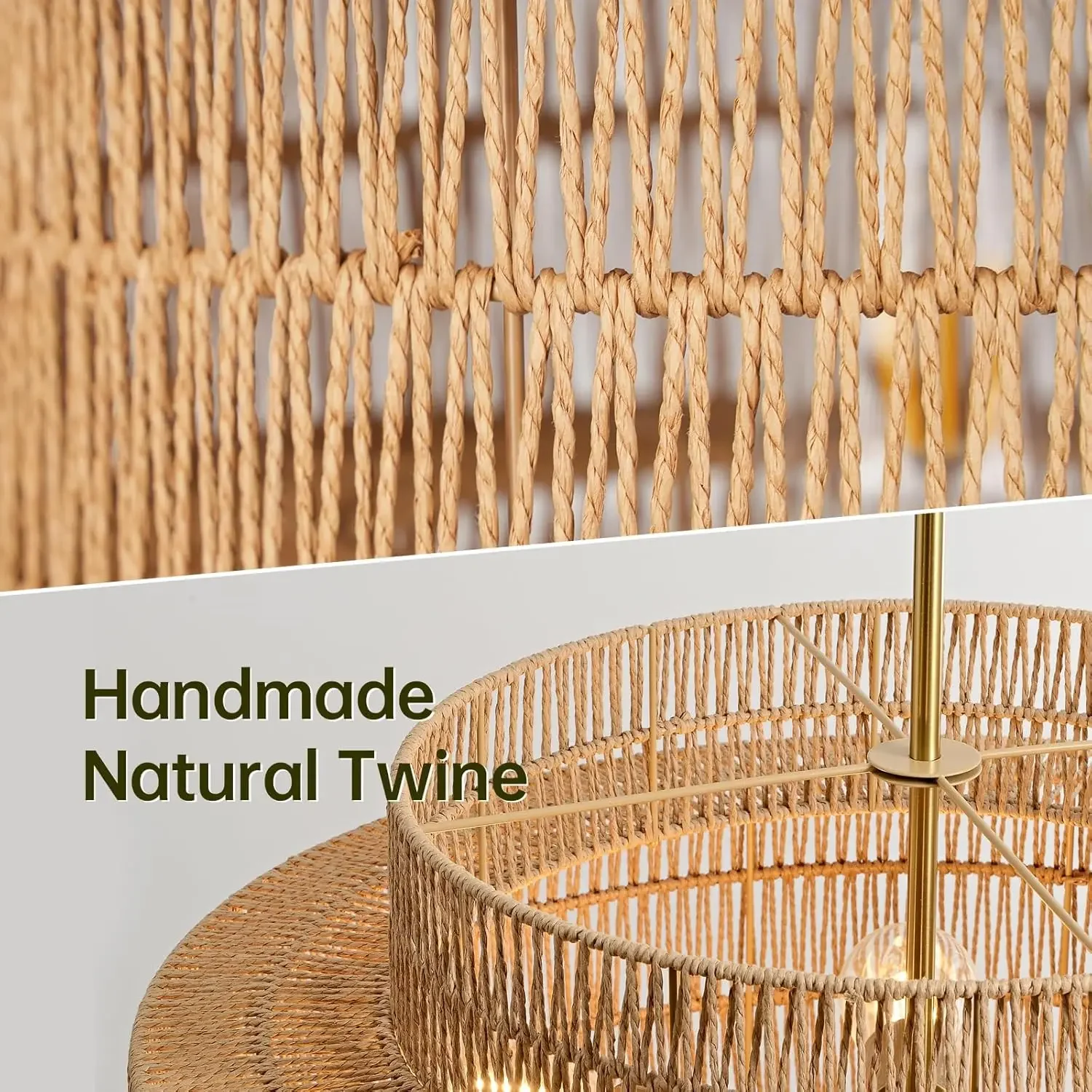 Winfordo Rattan Hanging Chandelier Light Fixture 6-Light Hand Woven Pendant Lamp for Kitchen Bedroom, Dining Room, Living Room