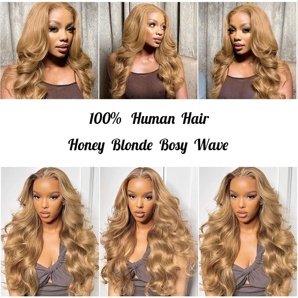 Perruque Lace Front Wig Body Wave Naturelle, Cheveux Humains, Blond Miel, Transparente, Pre-Plucked, Balayage Coloré, 13 Tages, pour Femme