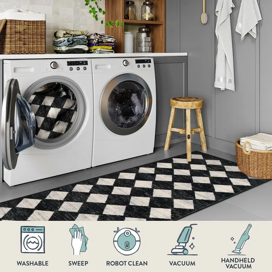 Moroccan Trellis Runner Rug 2x8 Black Hallway Runner Rug with Rubber Backing, Checkered Kitchen Non Skid Carpet Runners Washable