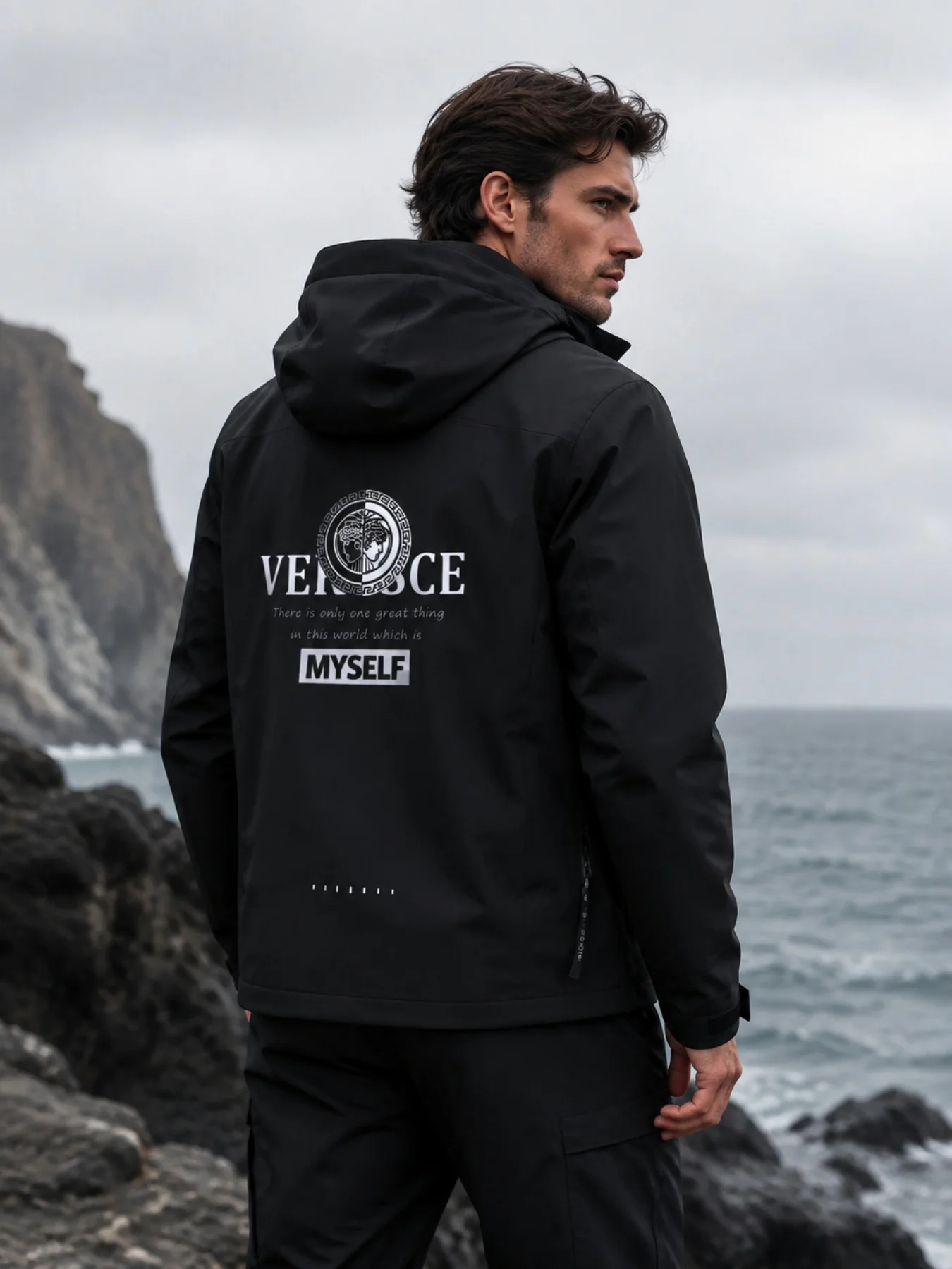 【Spring Autumn Lightweight Style】 Portrait Logo Printed Outdoor Jacket, Zippered Front for Wind Resistance, Commuting Men's Coat
