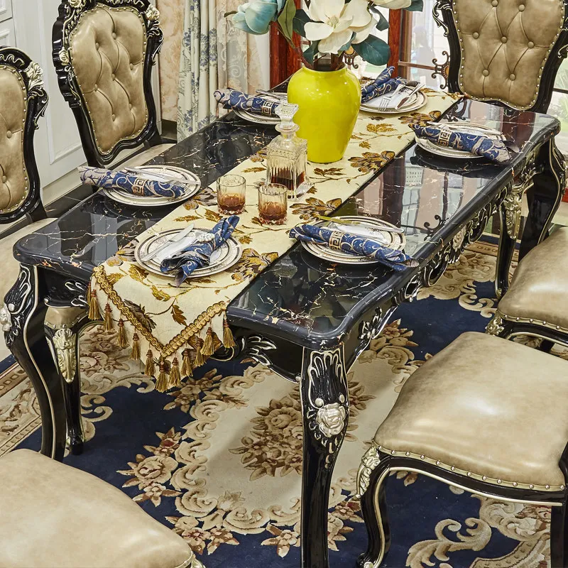 Dining table marble surface high-grade solid wood carving flower rectangular dining table