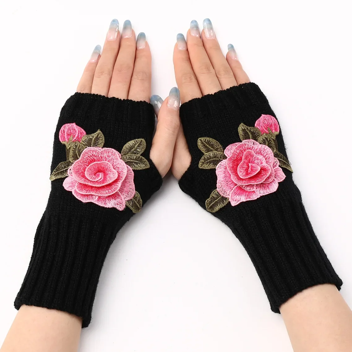 2023 New Autumn Winter Women's Short Fashion Embroidered Flower Gloves Knitted Wool Sleeves Warm Mittens Fingerless Gloves Women