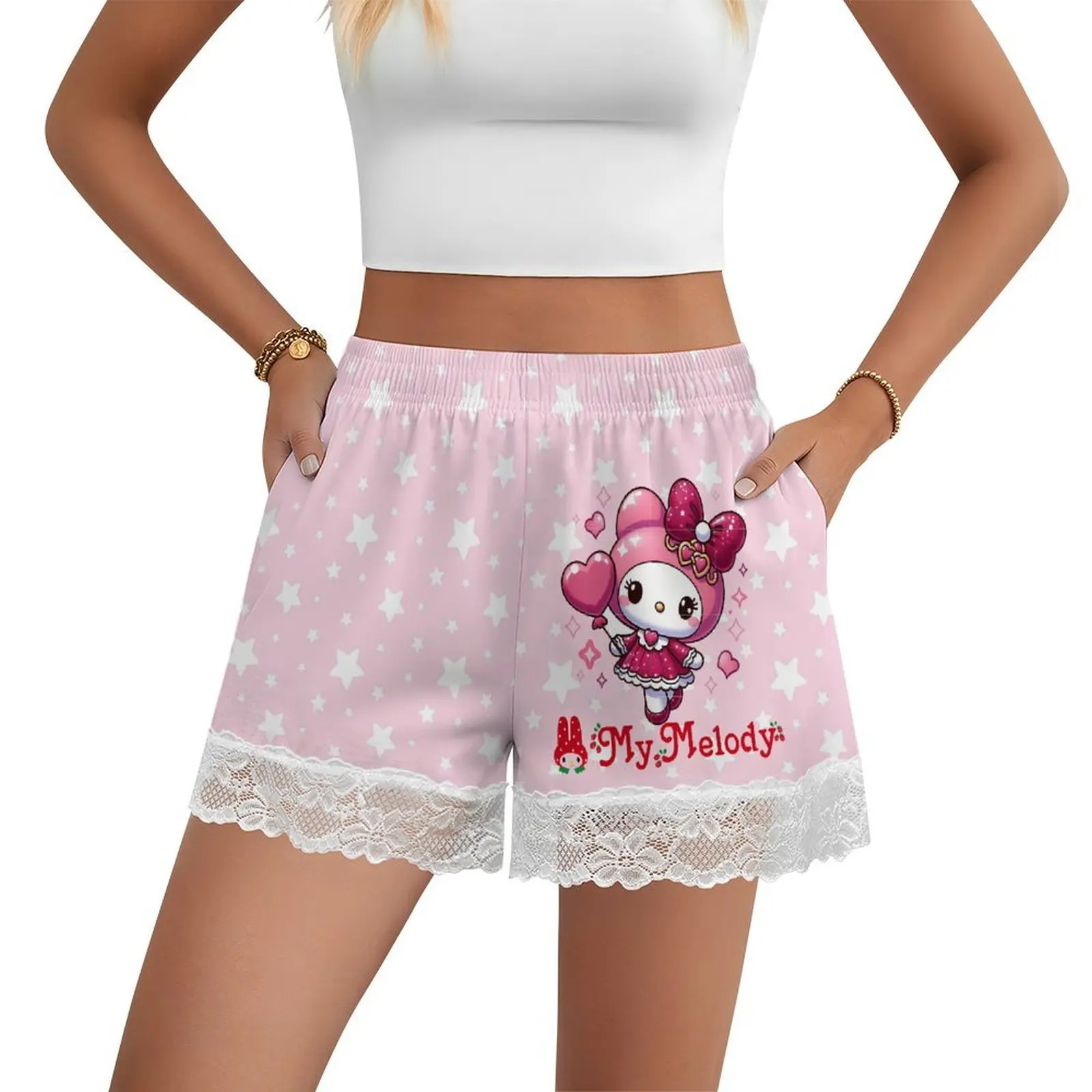 

My Melody Short Pajama Pants Sanrio Cartoon Women Lace Trim Thin Panties Summer Loose Home Pant Casual Shorts