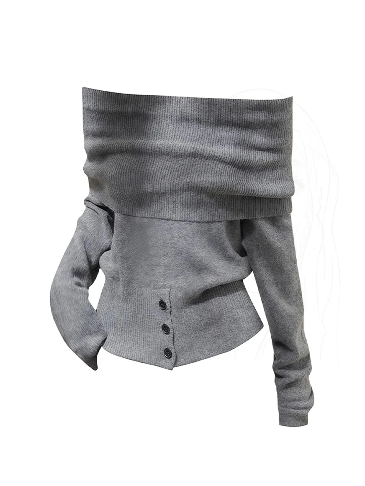 

Women's Grey Pullover Sweater Y2k Vintage 2000s Soft Cozy Jumper Knit Slash Neck Long Sleeves Korean Sweater Autumn Winter 2025