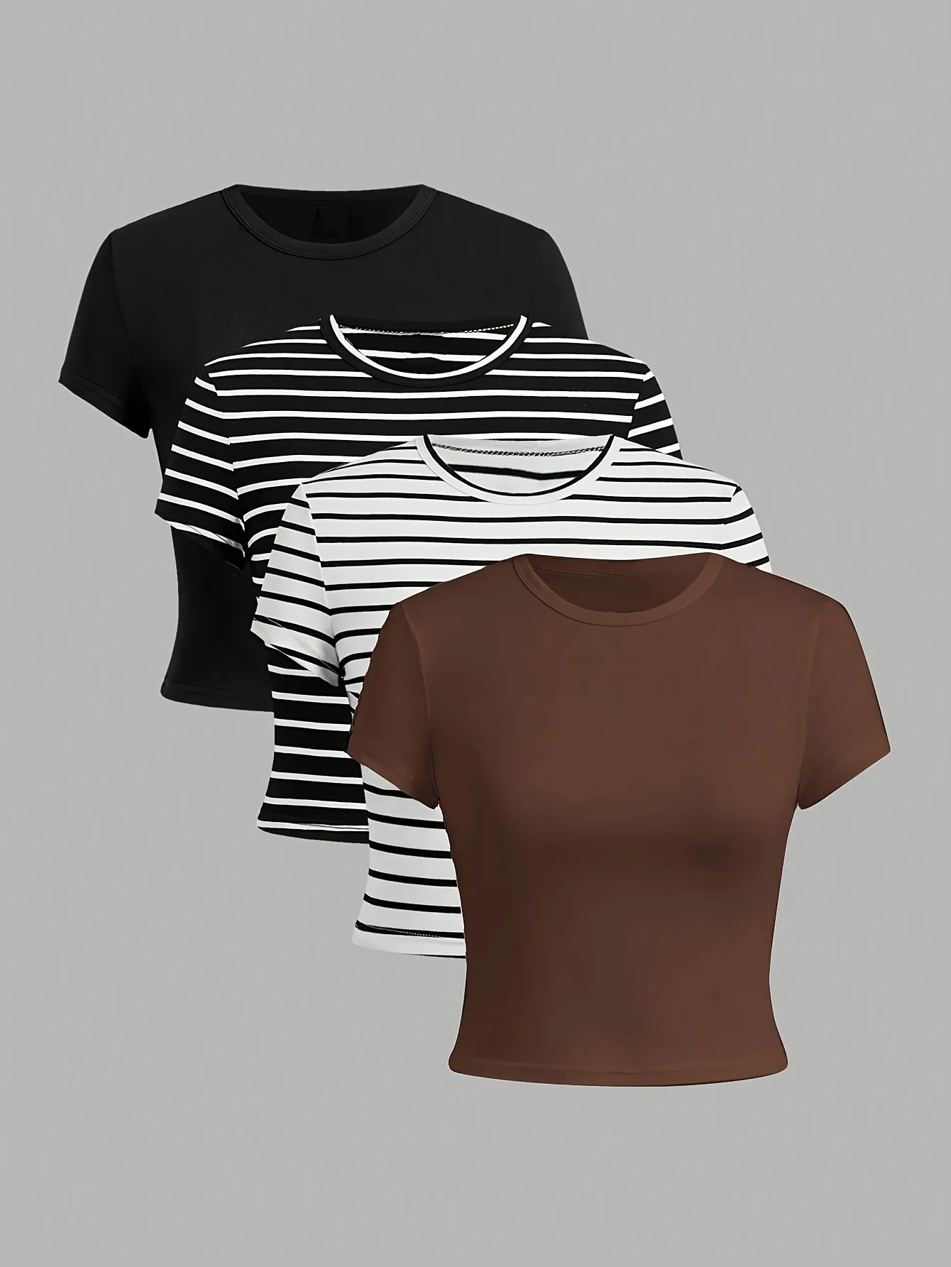 

Coffee black striped color, four-color short-sleeved T-shirt basic style, fashion and versatile office casual style for women