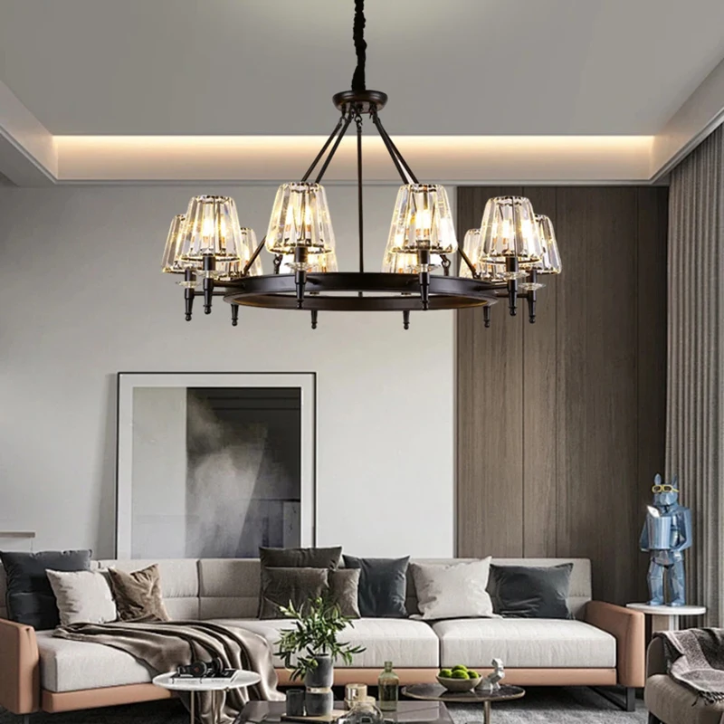 2026 Retro Matte Black Round Metal Led Chandelier Lustre K9 Crystal Shades Pendant Lights Lighting Hanging Lamps Room Decor Fixt