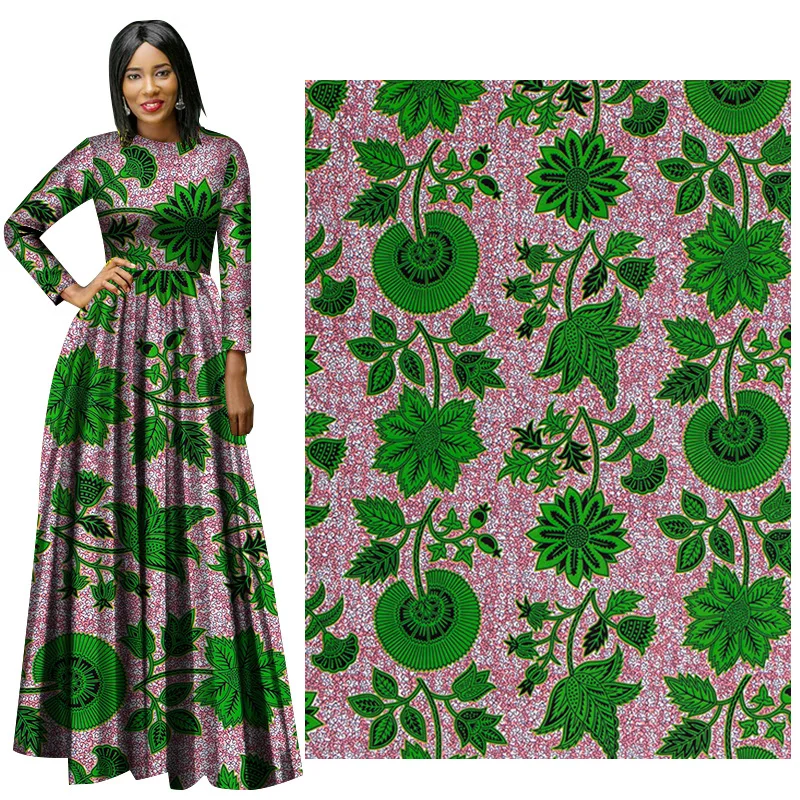 Ankara African Prints Cotton Fabric Green Plant Real Wax Dress Sewing Tissu Craft DIY Textile Material for Wedding 6Yards