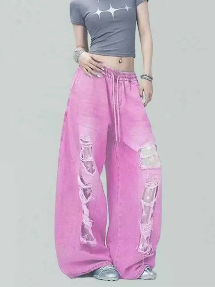 

Женские розовые полые повседневные джинсы-карго Baggy Y2K American 90S Harajuku High Street 2000S Широкие джинсы Брюки Одежда 2025 Новинка