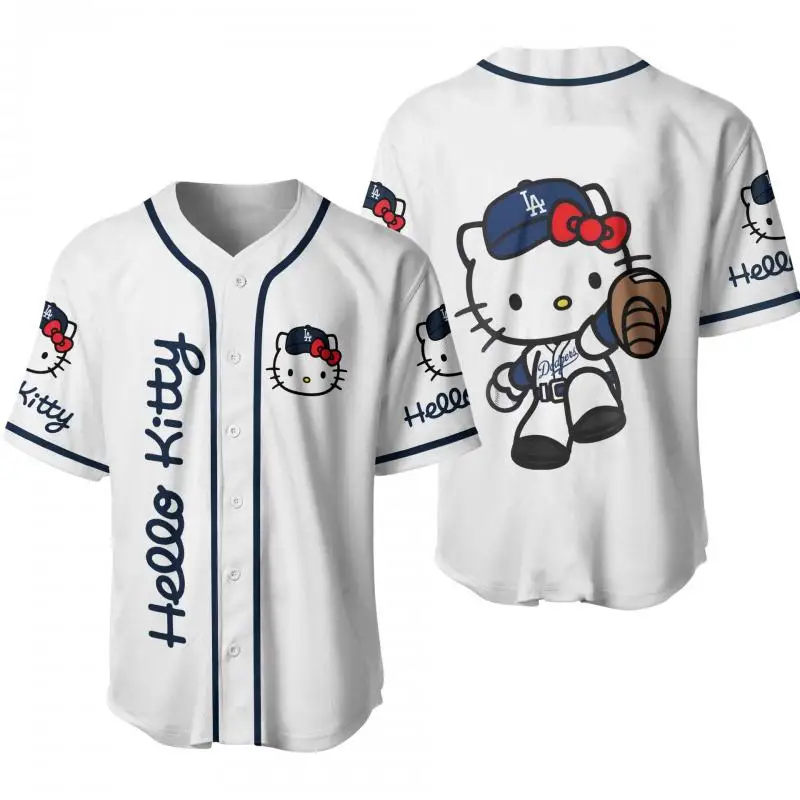 

Baseball Uniform Hello Kitty 3D Heat Transfer Kawaii Sanrio Outdoor Sports Short Sleeve Fashion Casual Sweatshirt Ins Button Up