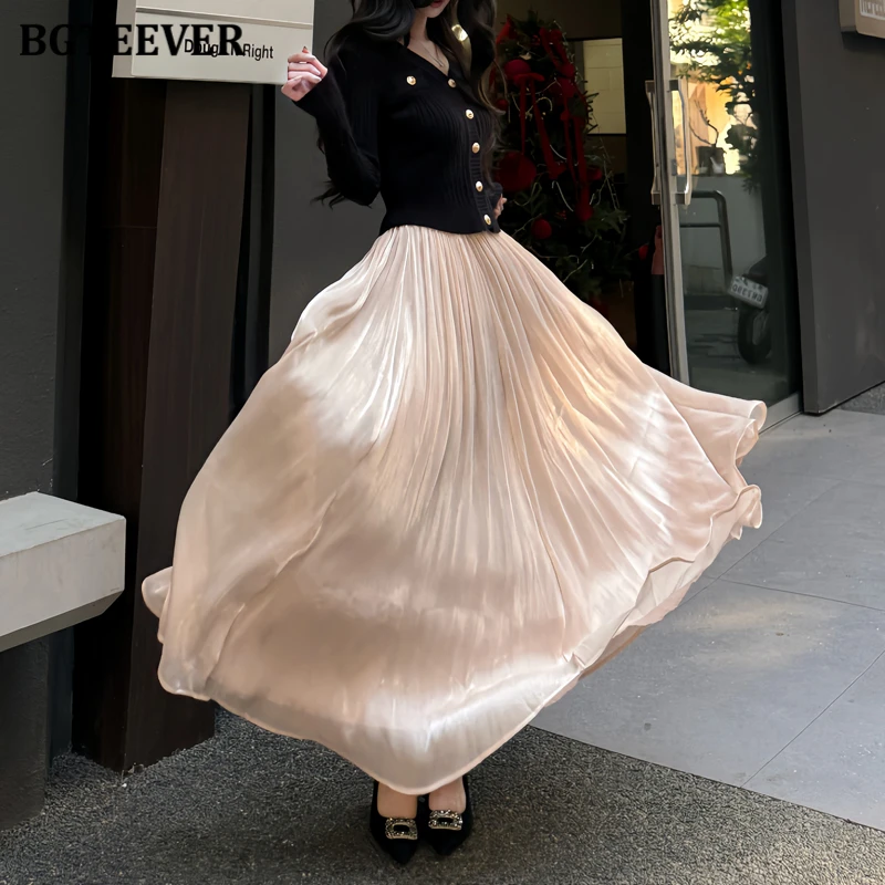 BGTEEVER French-style Shimmering Satin Midi Skirt for Women, Summer High-waisted Slimming A-line Skirt