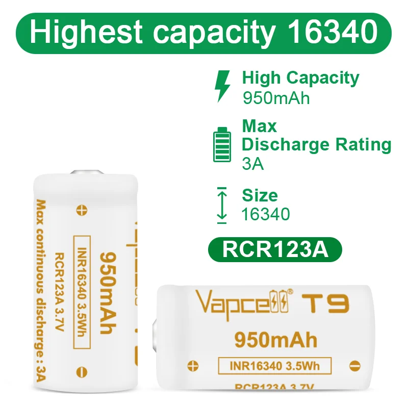 1-20 pz originale vapcell 16340 T9 950 mah 3A batteria INR16340 3.7 V pulsante al litio batteria superiore ricaricabile per torcia elettrica