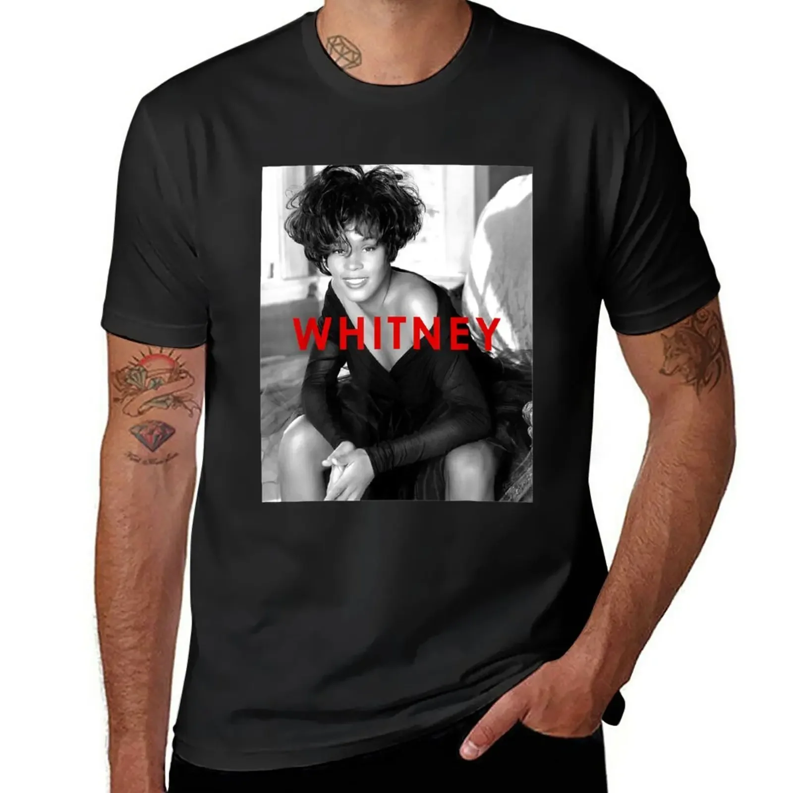 New Whitney Houston Official B&W Photo Red Title T-Shirt blank t shirts quick-drying t-shirt Tee shirt t shirts men