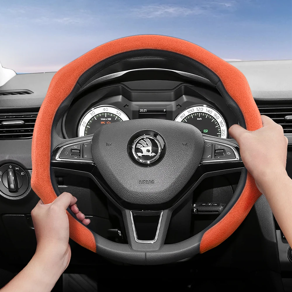 Suitable for Skoda Premium Suede Snap-On Steering Wheel Cover, Non-Slip and Durable, Round and D-Shaped Steering Wheel Available for Octavia Fabia Superb Kodiaq Karoq Kushaq ​   Scale ​   Enyaq Combi Rs Kamiq Rapid Spaceb and Other Models Black Orange