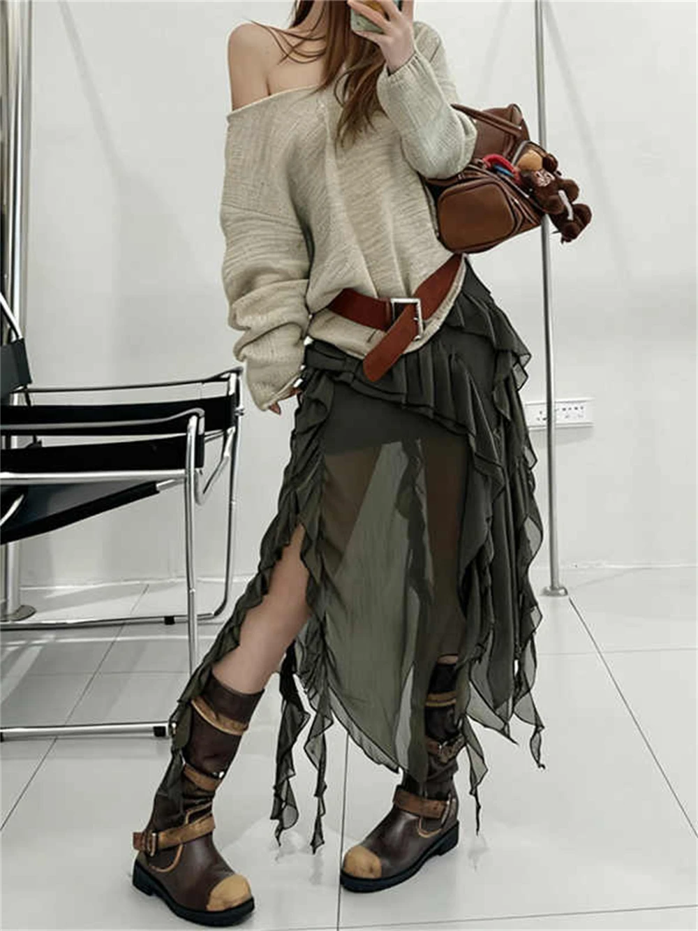 

Женская сетчатая юбка миди, корейская кокетка, эстетичная нерегулярная юбка 2000-х годов, кокетка с рюшами, Gyaru, сплит-дизайн, сексуальная горячая уличная юбка