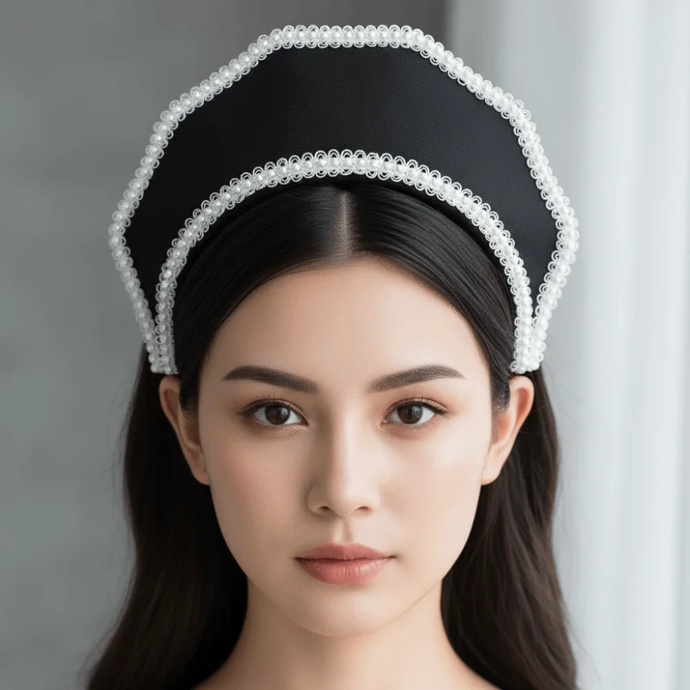 Soft Velvet Crown Headband Faux Pearl Trim Elastic Retro Queen Tiara Handmade Crafted Non Slip Design Vintage Pearl Hairband
