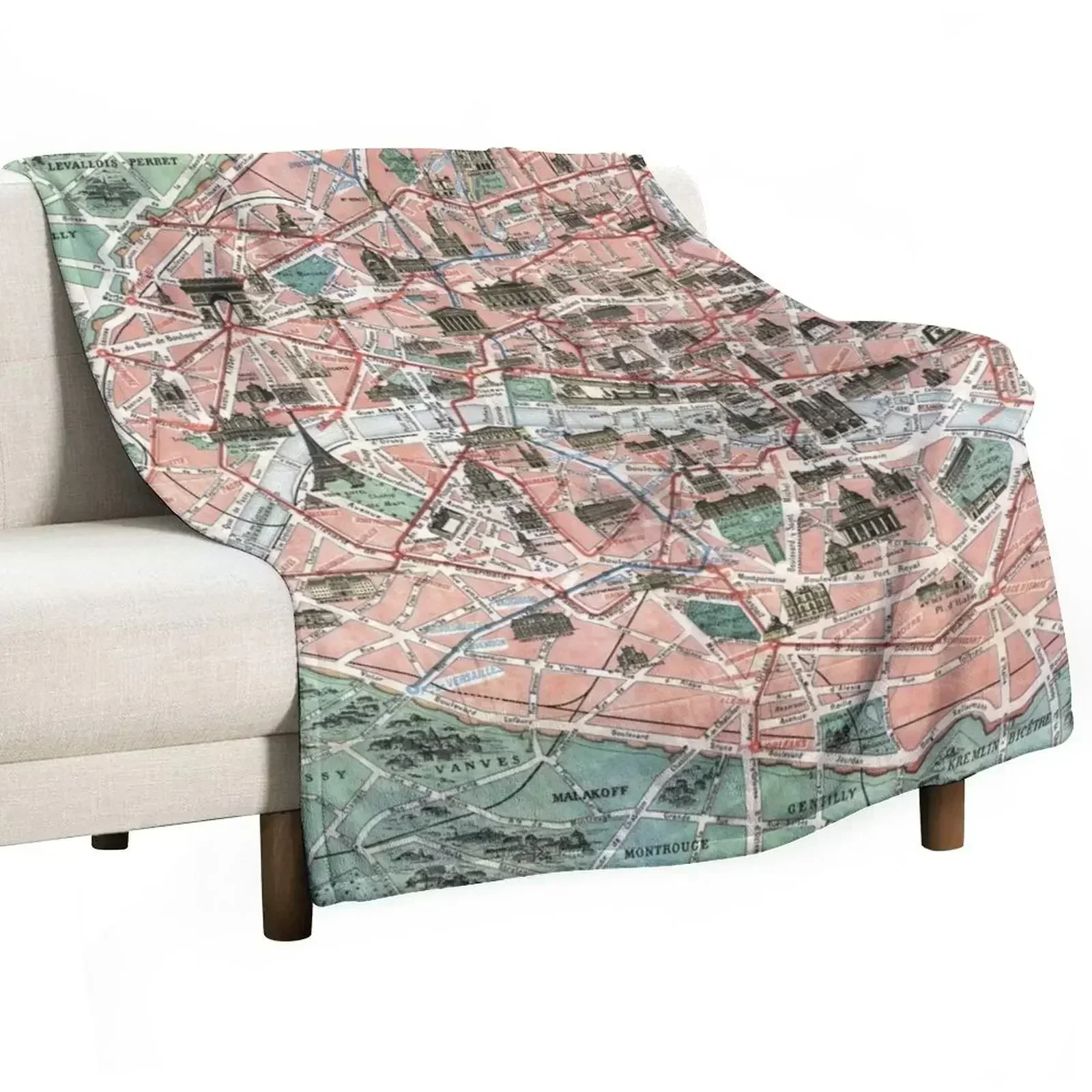 Vintage pocket map of Paris France Throw Blanket Quilt Softest decorative Bed covers Decorative Throw Travel Blankets
