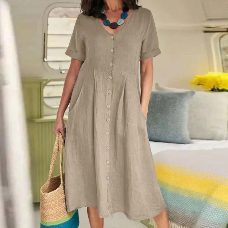 Fashion Summer Shirt Dress Women\'s Cotton Linen Sundress Casual Short Sleeve Vestidos Female High Waist Dresses Femme Clothes