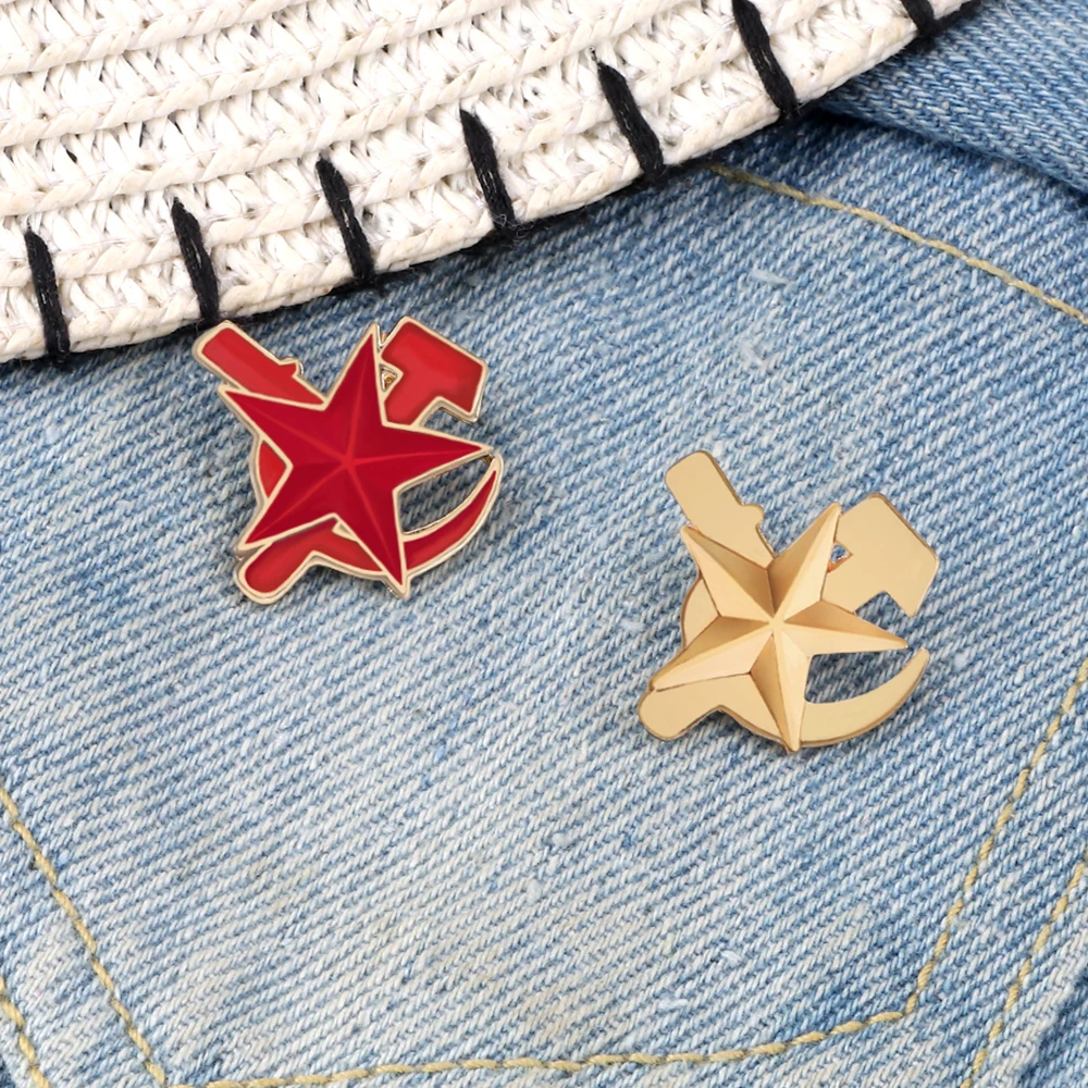 Retro Symbol Enamel Pins Star Sickle Hammer Brooches Women Men Coat Cap Lapel Pins Button Badge Design Jewelry Gift For Friends