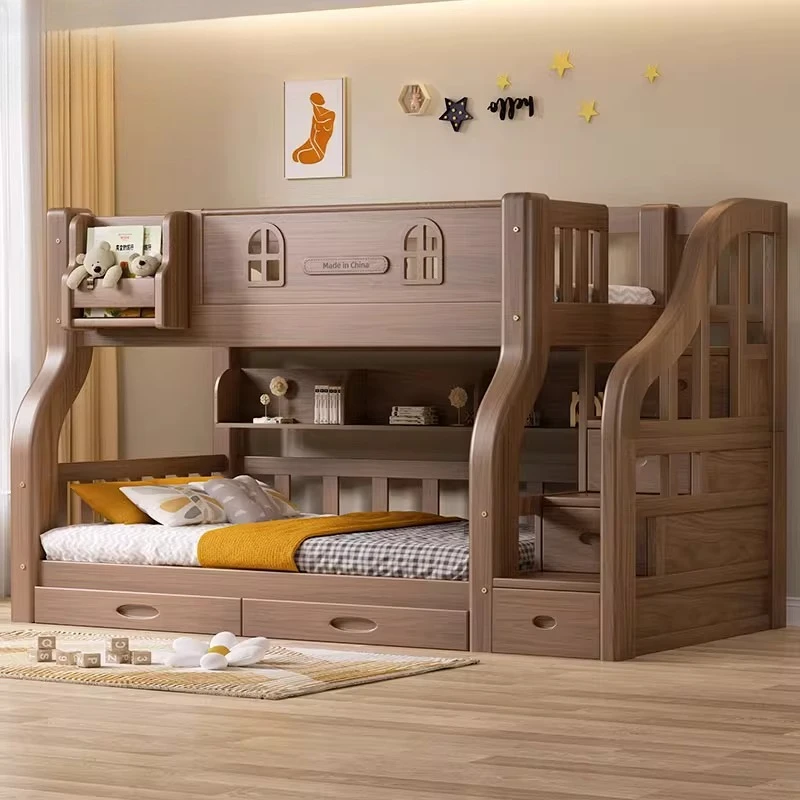 

Детская кровать из цельного дерева, простая классическая двухъярусная кровать с большой емкостью для хранения, предотвращающая столкновения, закругленный угол, цвет ореха