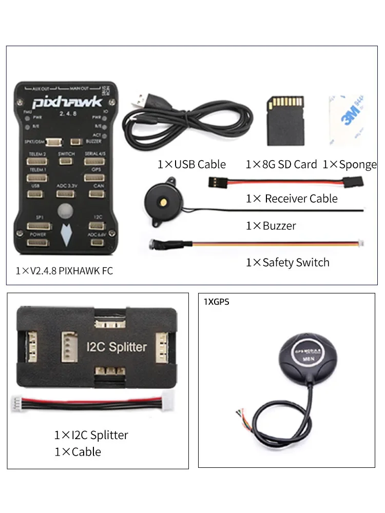 

Pixhawk PX4 PIX 2.4.8 32 Bit Flight Control FC M8N GPS 8G SD Buzzer PPM I2C Splitter For RC FPV Plane Drone Quadcopter Car Boat