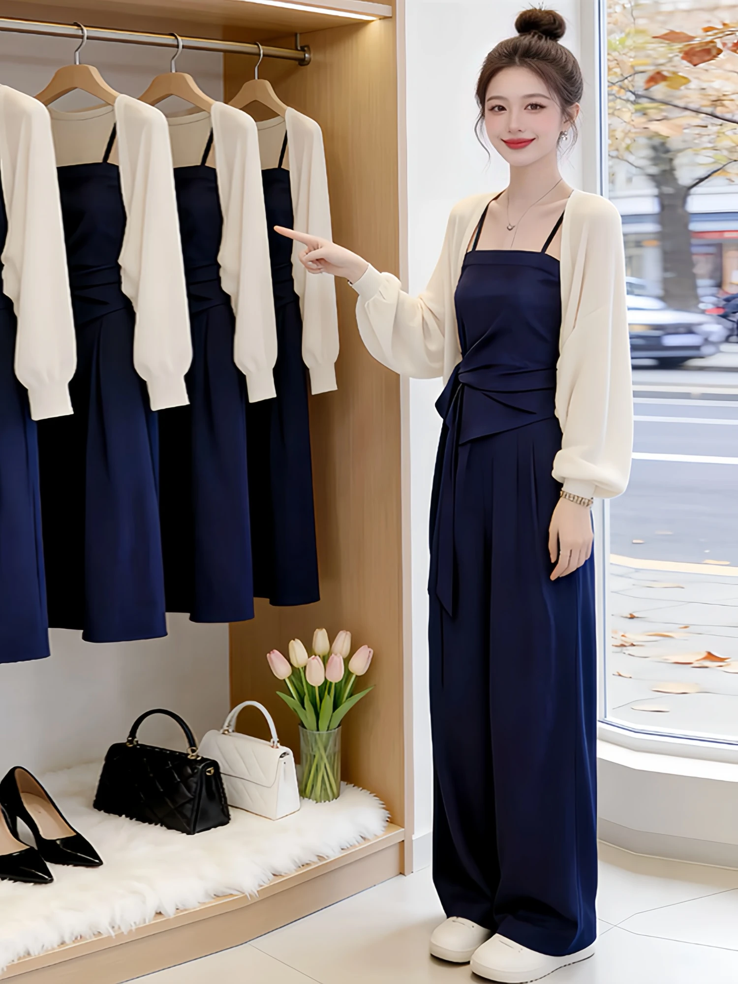 

Minimalist Anti-Uv Women's Fashion Set Slim Fit Vest High Waist Pants Three Pieces Spring Summer Casual Style Breathable Fabric