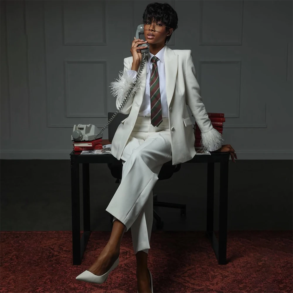 Elegant White Women's Suits Fashion Single Breasted Feathers Slim Fit 2 Piece Jacket Pants Sets Formal Office Lady Blazer