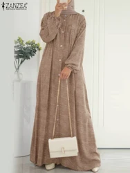 ZANZEA jesienna sukienka letnia moda damska w paski muzułmańska sukienka Abaya Vintage z długim rękawem islamska odzież szata Femme Dubai Vestido