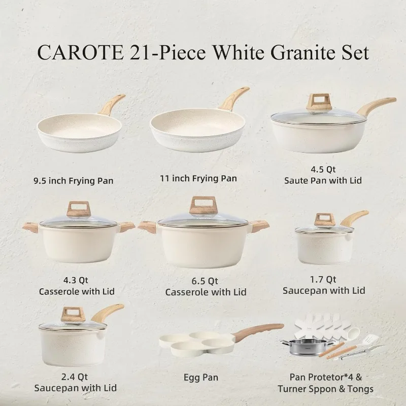 CAROTE 21Pcs Pots and Pans Set, Nonstick Cookware Sets, White Granite Induction Cookware Non Stick Cooking Set (PFOS, PFOA Free)