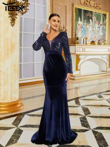 Yesexy V Neck Sequin Mermaid Dress Prom Panel Party Evening Blue Velvet Floor Length Formal Occasion Dresses