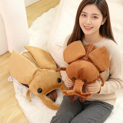 Stuffed Simulation Insect Unicorn Beetle Allomyrina Dichotoma Wild Animal Doll and Backpack Plushie Double Shoulders Bag Gift