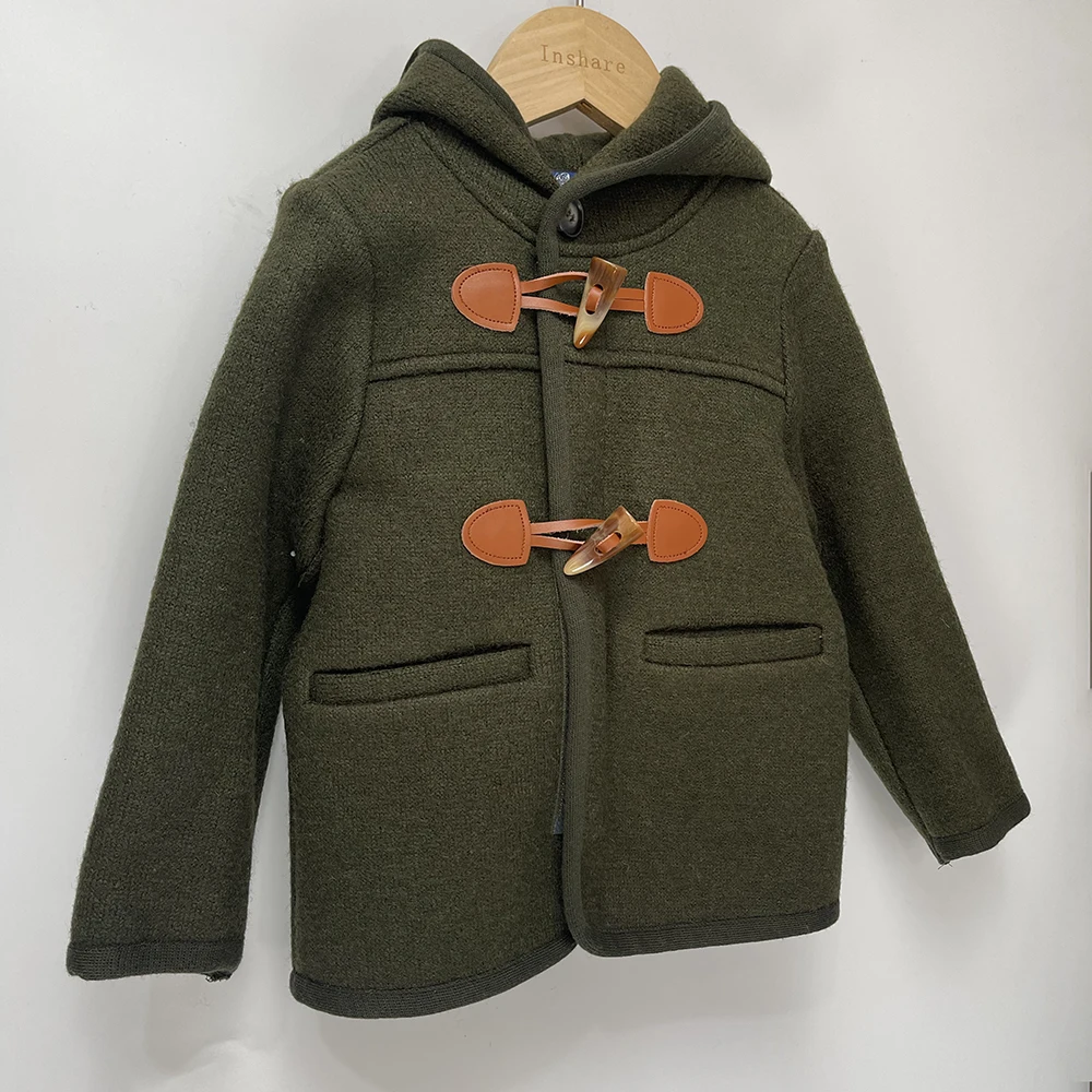 Boys Coat Woolen Winter Greenish Brown Hooded Jacket With Horn Buttons Warm Christmas Eid Clothing British Royal Style For 2T-8T