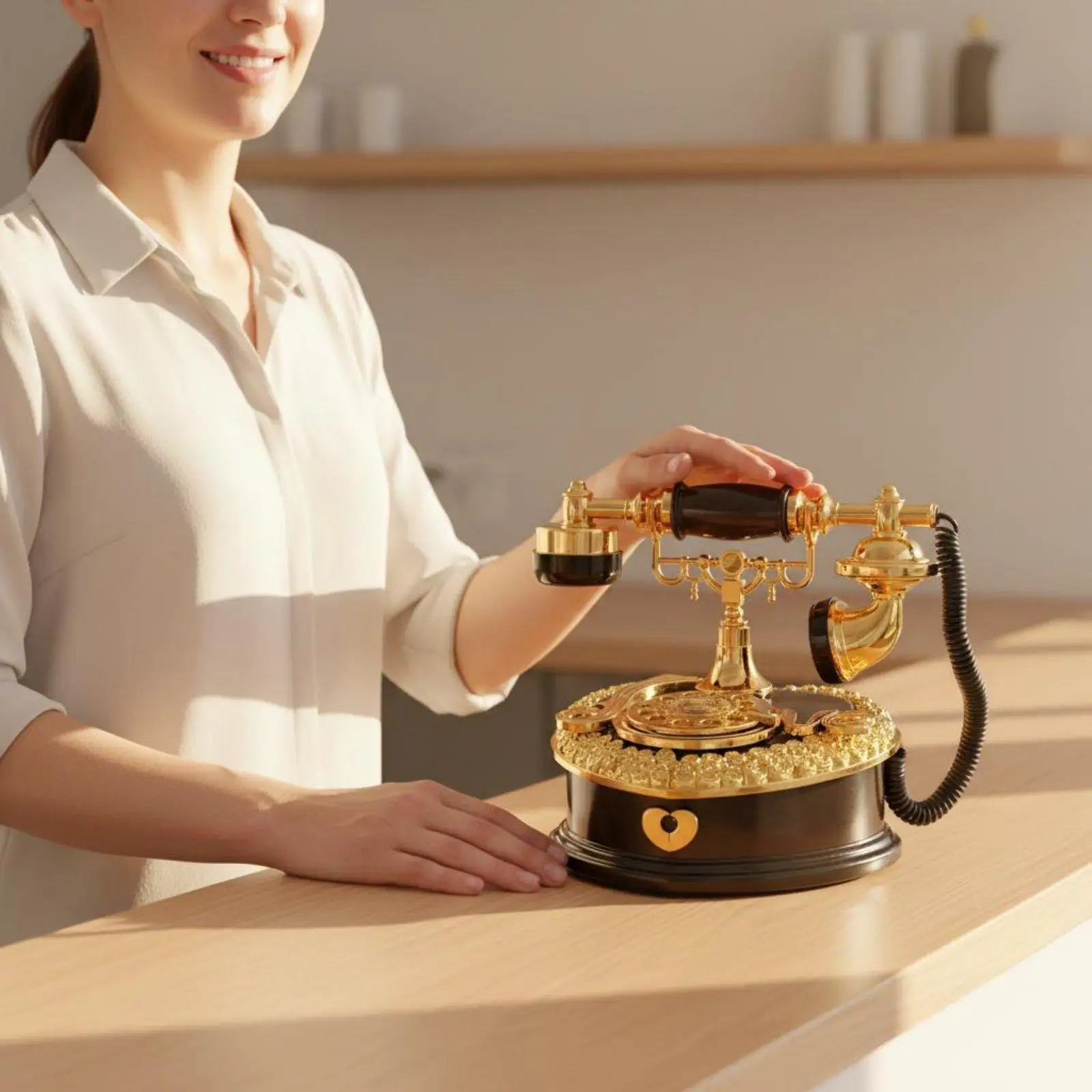 Vintage Rotary Phone Musical Box Decorative Retro Dial Telephone Musical Box Nostalgic European Telephone Ornament for Cafe,